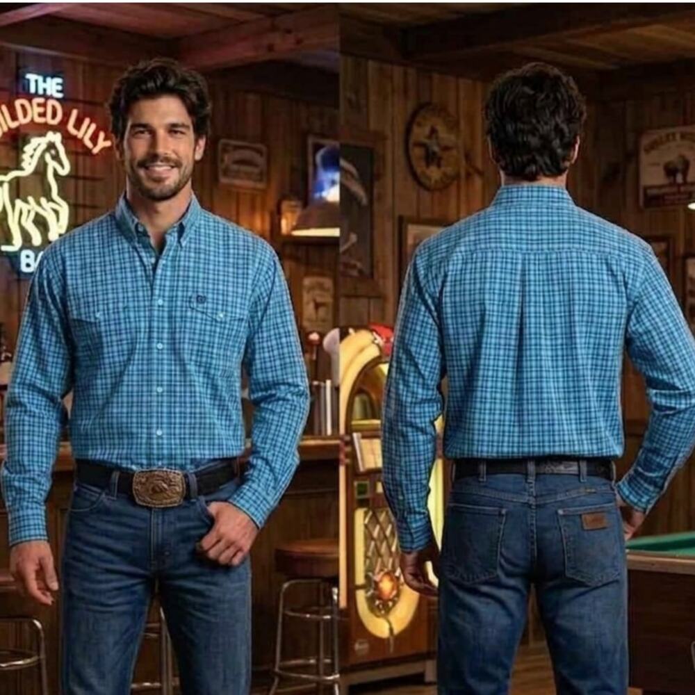 Cinch Blue Green Modern Cowboy Plaid Flip Cuff Long Sleeve Shirt Mens Medium 48